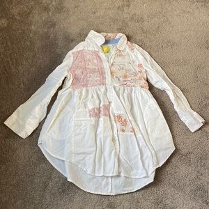 Maeve White Button-Front Shirt with Pink and Peach Patchwork